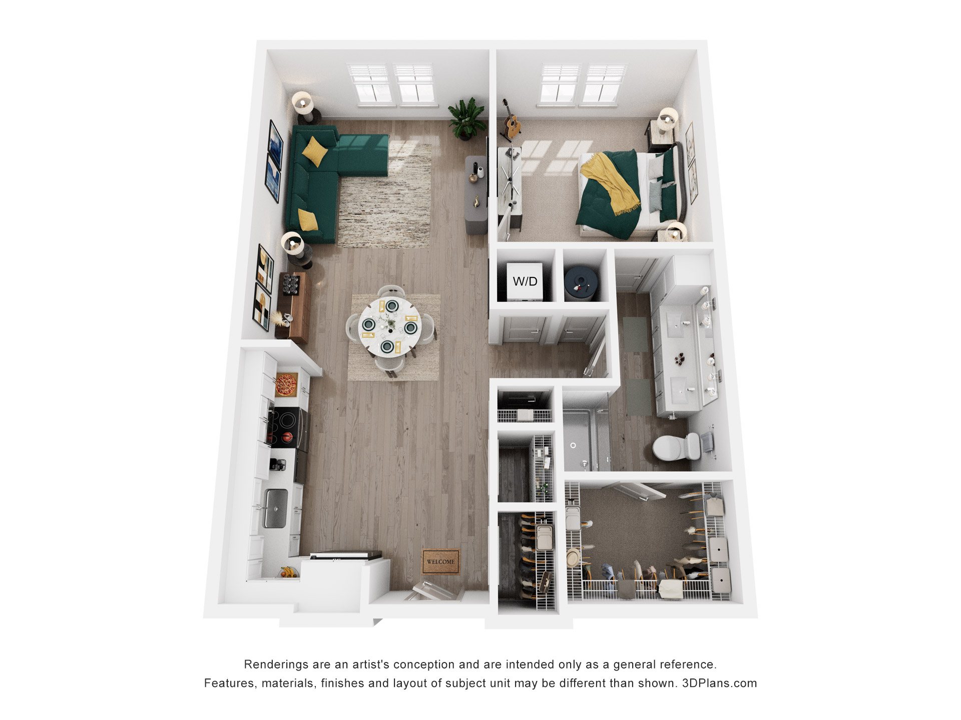 Floor plan for 1 bed, 1 bath, 832 sqft